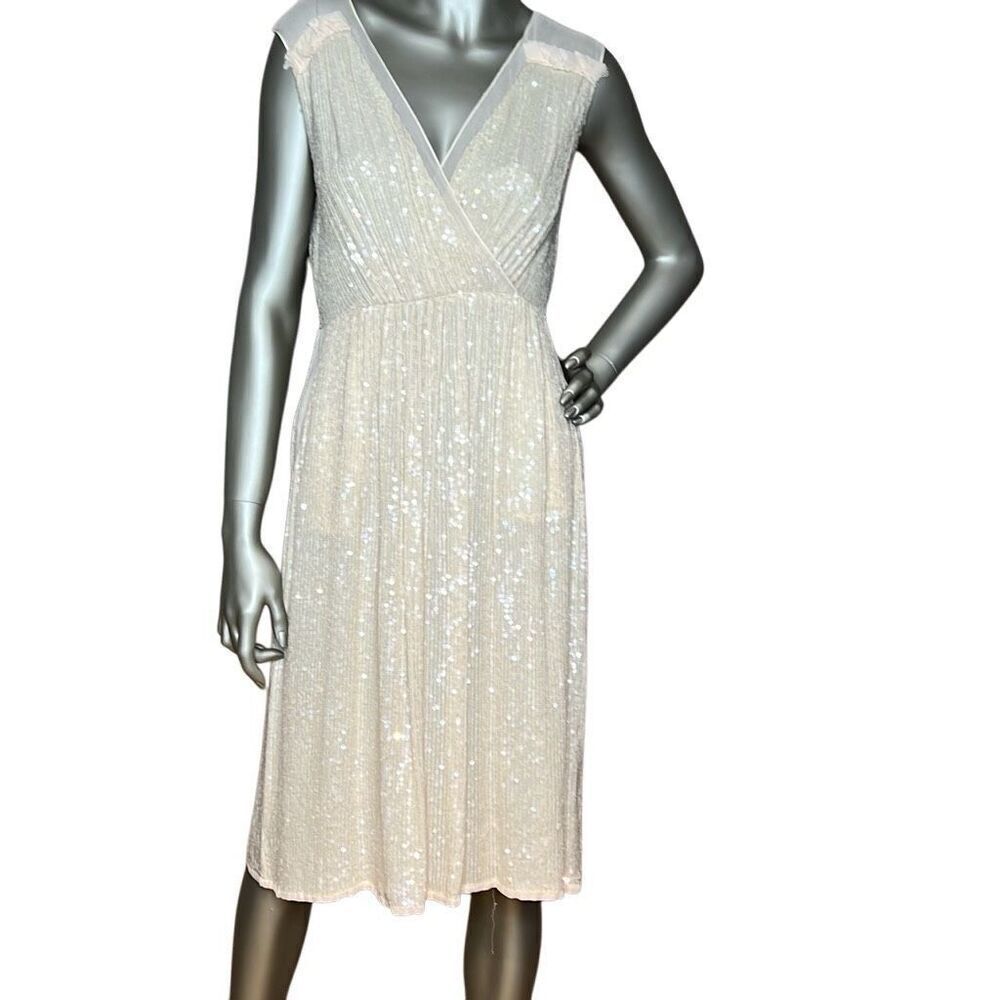French Connection Sequin Midi Dress Cream Sleeveless V-Neck Size 0 (028)